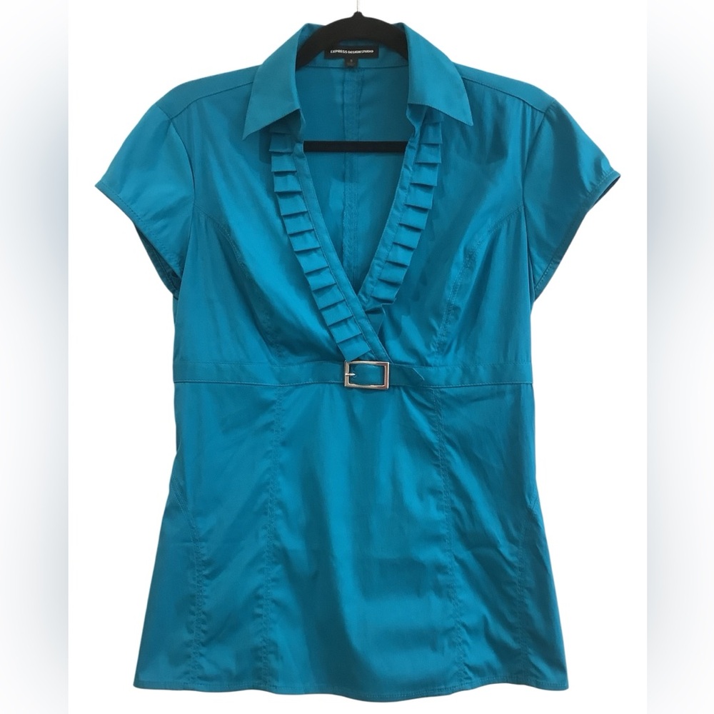 Express Teal V-neck Blouse with Ruffle and Belt Size S
